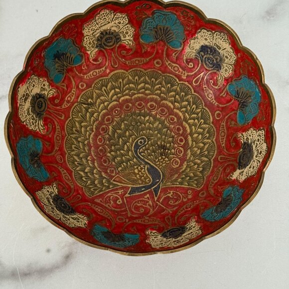 Handcrafted Brass Bowl With Scalloped Edges & Peacock Design In Red/Blue/Gold - Picture 3 of 7